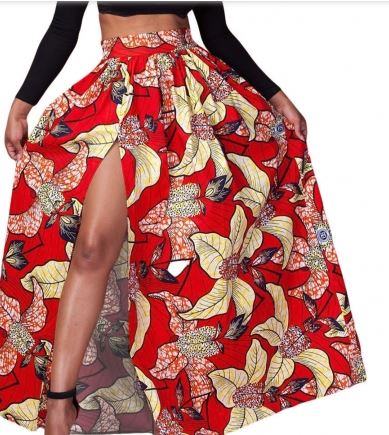 red floral high split maxi